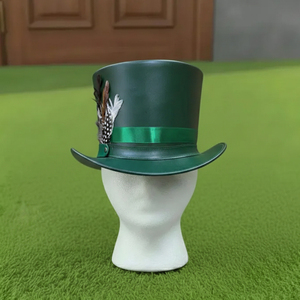 Premium quality custom made Handmade Green Leather <b>Top</b> Hat Steampunk Victorian Cosplay with <b>Feather</b> Detail - Product Image 4