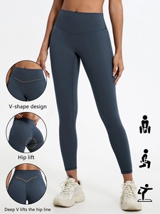 Leggings Cortos de Yoga de Cintura Alta con Forma de V, Color Sólido, Control de Abdomen, Faja Moldeadora, Transpirables, de Spandex/Nylon, Pantalones Elásticos con Cintura Elástica - Product Image 3