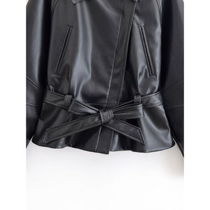 Women's Slim Fit Black PU Leather <b>Bomber</b> <b>Jacket</b> Windproof Turn-Down Collar Zipper Closure Regular Sleeve <b>Vintage</b> Autumn Front - Product Image 4