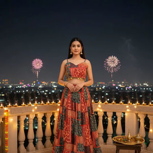 Ensemble Choli, Shrug et Lehenga en Soie Modale Style Indien Occidental avec Bordure en Dentelle Quatre Côtés Ornée de Sequins et de Pièces de Monnaie - Product Image 1