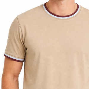 เสื้อยืดคอกลมผู้ชายขายดี สีเบจ สีแดงเบอร์กันดี สีฟ้าอ่อน ลายสามแถบ คอริบ แขนสั้น - Product Image 3