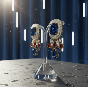 4 Inch Blue Hydro Round <b>Earrings</b> with CZ 925 Sterling Silver 18K <b>Gold</b> Plated Statement <b>Dangle</b> <b>Earrings</b> Ethnic Jewellery - Product Image 2