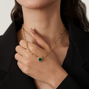 Simple Latest Design Oval Shape <b>Emerald</b> & Round Cut Diamond Stackable Paperclip Chain Cluster <b>Pendant</b> Necklace 14K Yellow Gold - Product Image 2