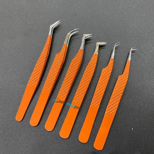 Pince à cils professionnelle personnalisée avec logo, orange, en acier inoxydable japonais, forte adhérence, pour extensions de cils, volume, pointes pointues, poudre - Product Image 1