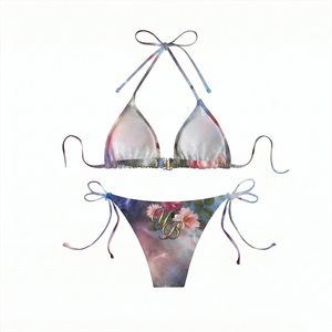 200 GSM Premium Polyester <b>Bikini</b> Soft Stretch Solid <b>String</b> Swim <b>Set</b> Custom Digital Print Logo High Waist Plunge Neck - Product Image 2