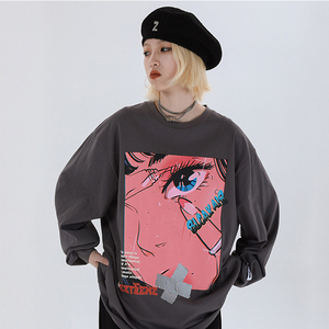 Anime Print Long Sleeve <b>T</b>-<b>Shirt</b> Unisex Oversized O-Neck Casual Pullover Knitted Cotton 350grams Pocket Autumn Wear - Product Image 5