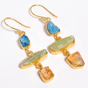 Excellent Three Stone Fancy Shape Ruby Green Kyanite Gemstone Brass <b>Earrings</b>, Indian <b>Gold</b> Plated Brass Jewelry - Product Image 5