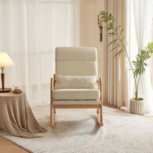 Sedia a dondolo da interno con schienale alto 100*65*101cm, cintura e cuscino lombare, colore legno naturale, braccioli e schienale in legno massello, seduta per soggiorno - Product Image 3