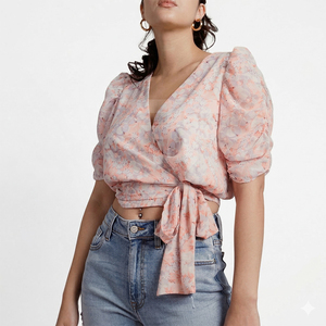 Custom Floral Printed Women's Short Blouses & Shirts Manufacture Sexy V-Neck Crop Tops with Short Puff Sleeves for Girls - Product Image 1