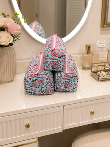 Sky Blue Floral Cosmetic Bag With Red Stripe Zipper Medium Size Portable <b>Makeup</b> Toiletry <b>Case</b> Bohemian Style Textile Bag - Product Image 2
