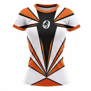 เสื้อฟุตบอลแขนสั้นสีส้มและสีดำสำหรับผู้หญิง แต่งด้วยสีขาว ระบายอากาศได้ดี เหมาะสำหรับการฝึกซ้อม - Product Image 1