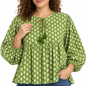 Blusa Informal India Tejida a Mano con Estampado de Bloques, de Algodón Puro, Diseño Floral Bohemio, Ecológica, de Secado Rápido, con Mangas Abullonadas - Product Image 6