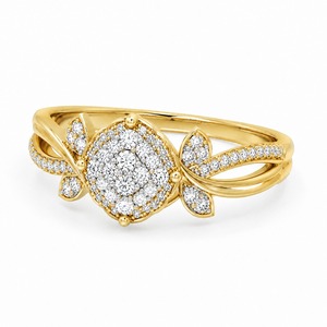 Anillo de Lujo Unisex de Oro Amarillo de 18K con Diamantes Cultivados en Laboratorio, Diseño de Halo Cuadrado con Pétalos y Hojas - Product Image 4