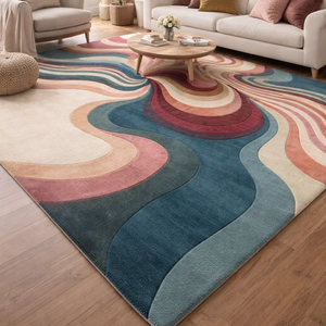 New Design Hand Tufted Blue <b>Maroon</b> wave Wool rug abstract pattern carpet, Eco-Friendly Style, For Living Room & Kids Bedroom - Product Image 1