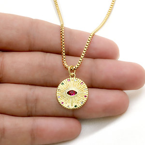 925 Sterling Silver Gold Plated Sunburst Evil Eye Pendant <b>Necklace</b> <b>Pink</b> CZ Medallion Box Chain Wholesale Jewelry - Product Image 2