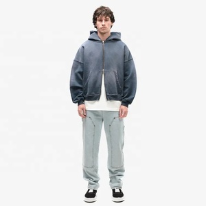 Sudadera con capucha y cremallera doble personalizada, Sudadera con capucha cuadrada recortada Vintage Stone Acid Sun Fade Wash, Sudadera con capucha de algodón desgastado para hombre, capucha de gran tamaño - Product Image 4