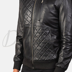 Men Black Genuine <b>Leather</b> Bomber <b>Jacket</b> with Diamond Quilted Front Panels Standing Collar and Ribbed Trim Slim Fit Coat - Product Image 1