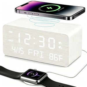 Birch Wood <b>LED</b> Desk <b>Clock</b> Wireless Charger - Wholesale Handcrafted - Product Image 1