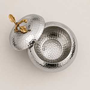 Bol en métal martelé fait main avec bouton en laiton en forme de feuille, récipient de rangement décoratif moderne pour offrir en cadeau - Product Image 2