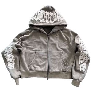 Gray Hooded Tracksuit Set Full Sleeve Zipper <b>Jacket</b> Pants <b>Letter</b> Print Streetwear Loose Fit Autumn Wear - Product Image 2