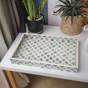 Bandeja de Servicio Blanca para Cocina y Baño, Diseño Geométrico de Mosaico Verde con Incrustaciones de Nácar, para Sala de Estar, Decorativa - Product Image 4