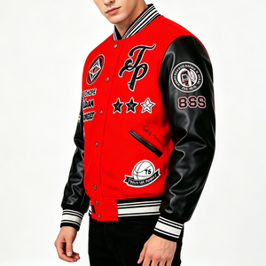 Veste universitaire rouge pour homme, manches en cuir PU, patch brodé, style streetwear, col rabattu, longueur normale - Product Image 5