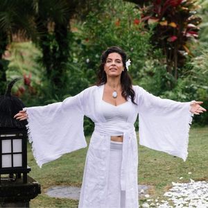 ชุดกิโมโนผ้าลินินสำหรับผู้หญิง สีขาว สไตล์โบโฮ ชุดกิโมโนสำหรับงานแต่งงาน เสื้อคลุมแบบพันตัว มีชายครุย ไซส์พลัส ชุดลำลอง - Product Image 2