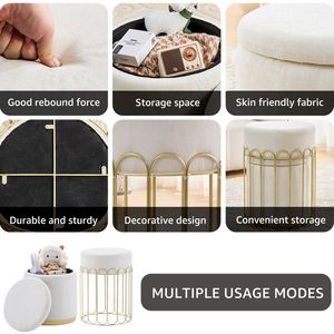Set of 2 Round Velvet Upholstered Vanity <b>Stool</b> Footrest Living Room Side <b>Table</b> <b>with</b> Removable Lid Storage Ottomans - Product Image 6