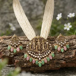 Conjunto de collar Ram Darbar chapado en oro, joyería de templo con cuentas rosas y verdes, cadena de perlas, tradicional indio para bodas nupciales - Product Image 3