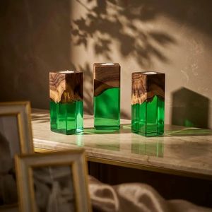 Wood Resin Square Tealight Candle Holder Set Transparent Epoxy Luxury Table Decor Modern Handmade Candle Centerpiece Home - Product Image 1