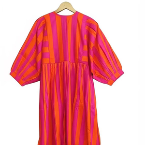 Robe longue en coton tissé à motif floral, col rond, manches courtes bouffantes, coupe ample, pour femme, usage quotidien, broderie unie naturelle - Product Image 1