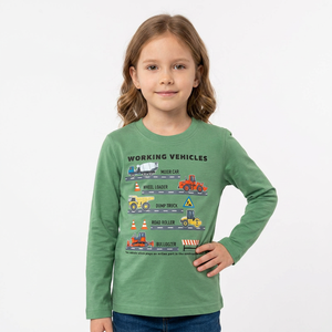 T-shirt à manches longues respirant pour filles, imprimé véhicules de travail, col rond, décontracté, vert, 100% coton jersey 160 g/m² - Product Image 3