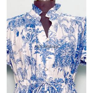 100% Cotton Handmade Women's Mini <b>Dress</b> V-Neck Short Sleeve A-Line Digital Floral Print Washable Breathable Office - Product Image 4