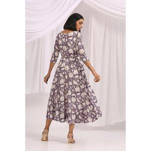 Vestido midi con estampado floral para mujer, vestido informal con cuello redondo y manga larga - Product Image 4