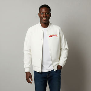 Customized <b>Men's</b> White <b>Bomber</b> <b>Jacket</b> Stand Collar Zipper Closure Casual Autumn Wear Regular Fit Fleece Lined Polyester Material - Product Image 4