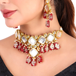 Indian Classic Choker Set Traditional Zircon Gold Plated Crystal Kundan Faux Pearl Wedding Party Necklace Earrings Alloy High - Product Image 1