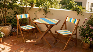 Modern Foldable Wood <b>Garden</b> Set With Striped <b>Table</b> <b>And</b> <b>Chairs</b> Outdoor Furniture For <b>2</b> Seating Capacity - Product Image 3