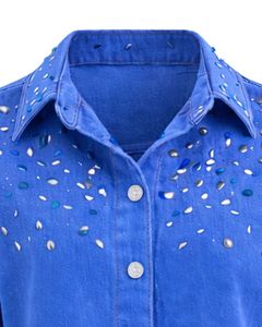 Chaqueta Vaquera Corta Azul Personalizada para Mujer con Cierre de Botones Frontales con Pedrería, Manga Larga, Estilo Urbano, Top para Fiesta - Product Image 3