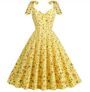 Robe d'été décontractée en coton tissé à imprimé floral vintage, coupe trapèze midi, éco-responsable, taille haute, col en V, manches courtes - Product Image 3
