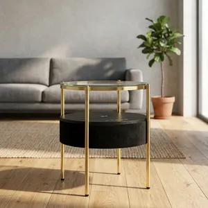 Modern Round Glass <b>Side</b> <b>Table</b> with <b>Gold</b> Metal Frame and Black Storage Base Living Room Furniture with charging socket - Product Image 5