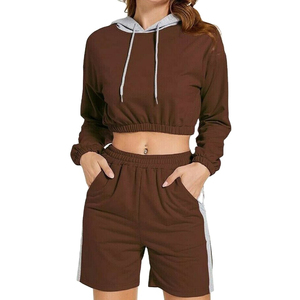 Women's <b>Brown</b> Hooded Crop <b>Top</b> & Shorts Set With Side Stripe Sporty 2 Piece Outfit Spring Summer Knitted Spandex Polyester - Product Image 3