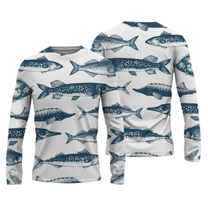 Men's Blue Fish <b>Print</b> Long Sleeve Fishing Shirt UPF 50 Anti-UV Pullover <b>Top</b> Adult - Product Image 1