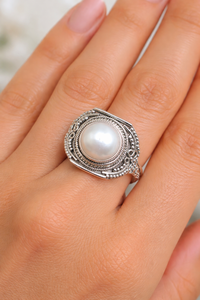 Mother of Pearl Round Cabochon <b>Ring</b> 925 Sterling <b>Silver</b> Vintage Boho <b>Statement</b> Handmade Filigree Design Women Jewelry for Men - Product Image 2