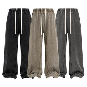 Pantalon large vintage délavé à l'acide pour homme, taille mi-haute avec cordon de serrage, en coton, style décontracté streetwear - Product Image 1