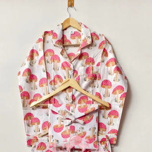 Handmade Summer Mushroom Print Cotton Pajama Set for Women Breathable Quick-Dry Luxury Block Printed Long Sleeve Button-<b>Down</b> - Product Image 1