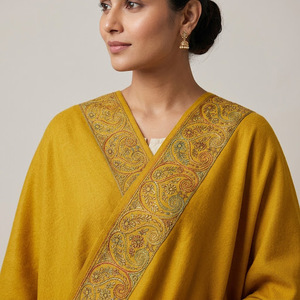 Women's Long Cashmere Shawl Mustard Yellow Embroidered Winter <b>Wrap</b> <b>Scarf</b> for Bridal Wedding Party Occasions - Product Image 3