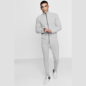 Ensemble de survêtement gris pour homme, fermeture éclair intégrale, couleur unie, polyester, sweat-shirt et pantalon, coupe classique, vêtements décontractés pour l'automne - Product Image 6
