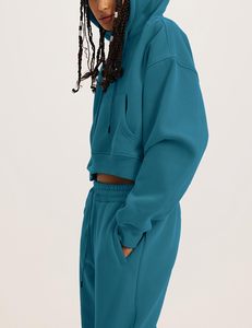 Conjunto Deportivo de Invierno para Mujer, Tallas Grandes, Diseño Personalizado, con Capucha, Estampado Sólido, Sin Costuras, Elástico en 4 Direcciones, Top Corto y Pantalones, 100% Algodón - Product Image 5