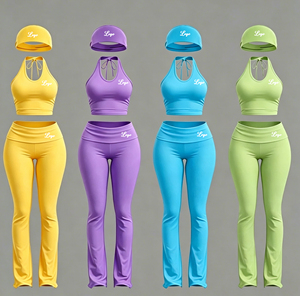 Ensemble de yoga 3 pièces sexy pour femme : survêtement personnalisé, haut dos nu, leggings évasés et bandeau assorti pour la gym et le fitness - Product Image 2
