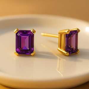 Pendientes de Plata de Ley 925 con Rodio y Baño de Oro de 14K, Amatista Tallada en Esmeralda, Joyería Hecha a Mano, Regalo para Mujer, Fiesta - Product Image 1